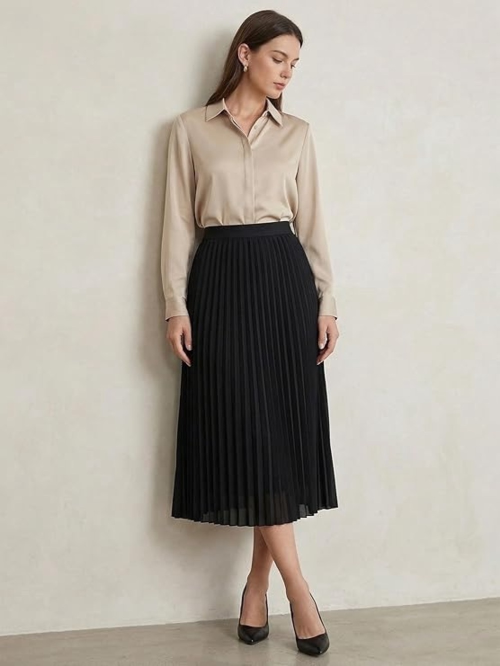 Black Pleated Midi Skirt
